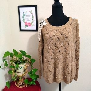 Ryu Women’s Oversized Sweater Size S/M Tan Boho Open Knit Wool Angora Blend
